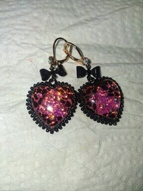 Betsey Johnson Black and Pink Glitter Heart Drop Earrings with Bow Accent